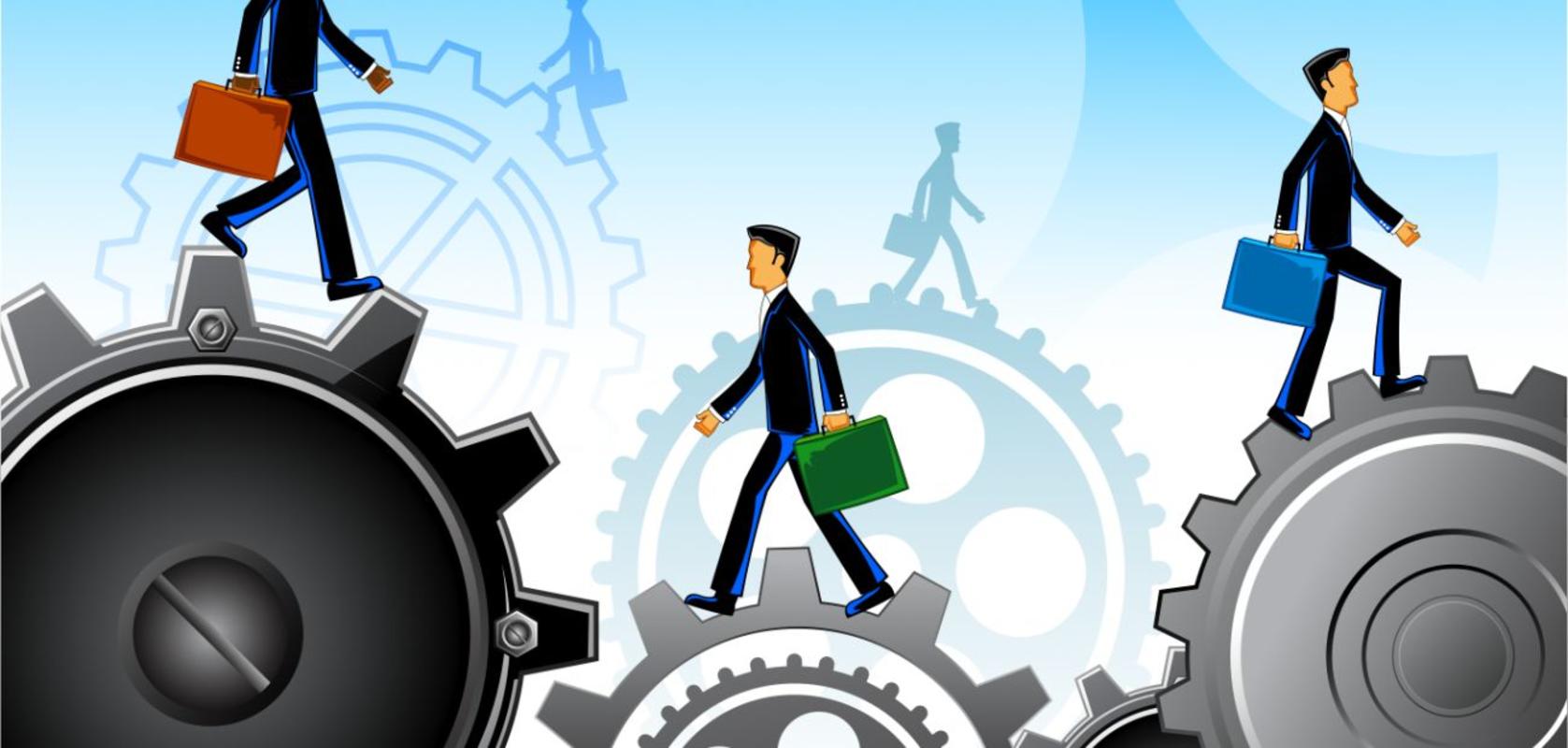  Businessmen in suits walk purposefully forward on a series of turning gears representing a bull market with arrows in the background representing economic activity and job creation while carrying briefcases representing risk management.