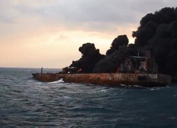 The Sanchi tanker ablaze in open waters after colliding with a Chinese bulk ship. 
