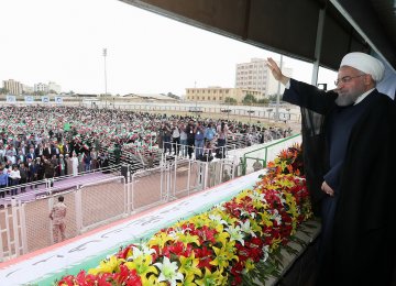 President Hassan Rouhani addresses a public gathering in Bandar Abbas, Hormozgan Province, on Feb 28.  