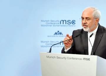 Mohammad Javad Zarif gives a speech at the Munich Security Conference on February 18.