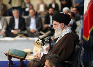 Leader of Islamic Revolution Ayatollah Seyyed Ali Khamenei addresses participants of the 35th International Holy Qur'an Competition in Tehran on April 26.