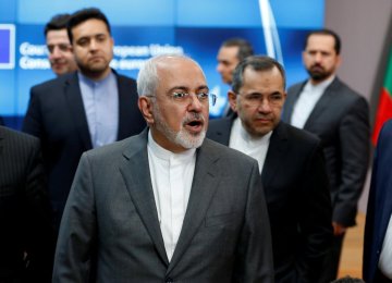 Mohammad Javad Zarif talks to the media after a meeting with Federica Mogherini at the EU Council in Brussels, May 15. (Photo: Reuters)