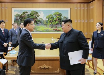 North Korean leader Kim Jong-un (R) meets South Korean National Security Director Chung Eui-yong in Pyongyang, North Korea.