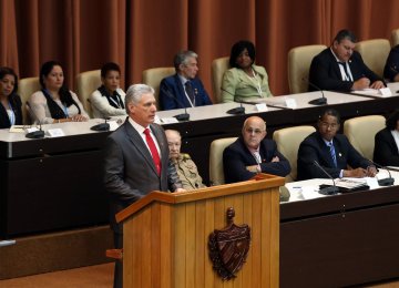 Cuba’s new President Miguel Diaz-Canel delivers a speech after he was formally named president by the National Assembly, in Havana on April 19.