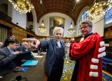 Mohsen Mohebi (L) representative of Iran is pictured during the opening of case between Iran and the United States at the The International Court of Justice (ICJ) in the Hague, August 27.