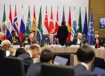 German Foreign Minister Sigmar Gabriel (C) presides over a working session during a meeting of the foreign ministers of the G20 at the World Conference Center in Bonn on Feb. 17.