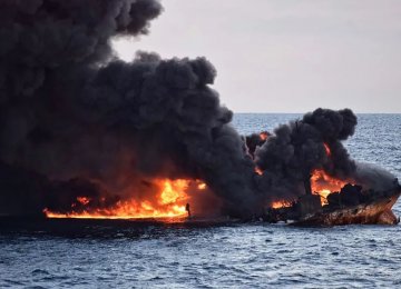 This handout picture from the Transport Ministry of China released on January 14, 2018, shows smoke and flames coming from the burning oil tanker “Sanchi” off the coast of eastern China.