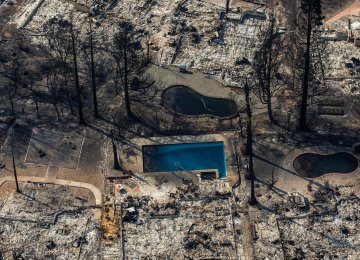 An aerial view of the Coffey Park neighborhood in Santa Rosa, California destroyed by wildfire.