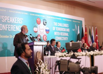 Majlis Speaker Ali Larijani addresses a counterterrorism conference in Islamabad, Pakistan, on Dec. 24.	