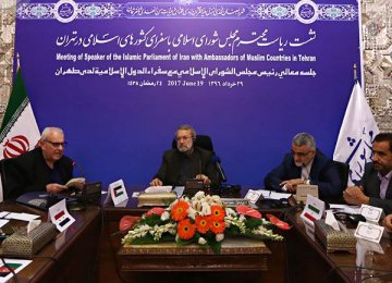 Majlis Speaker Ali Larijani meets ambassadors of Muslim countries in Tehran on June 19. 