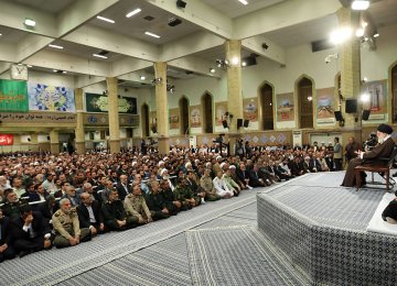 Ayatollah Seyyed Ali Khamenei addresses Iranian officials and ambassadors of Muslim nations on the occasion of Eid al-Mab'ath in Tehran on April 25. 