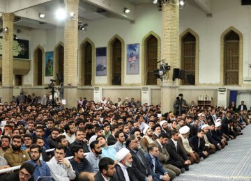 Ayatollah Seyyed Ali Khamenei addresses university students in Tehran on June 7. 