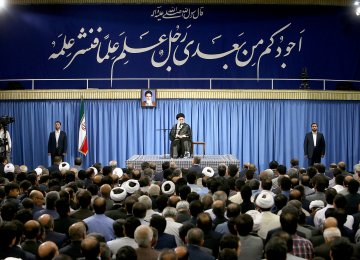 Ayatollah Seyyed Ali Khamenei addresses academics in Tehran on June 21.  