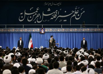 Ayatollah Seyyed Ali Khamenei receives the staff and students of Tehran Province's theological schools on Aug. 28.