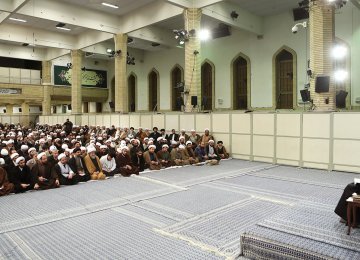 Ayatollah Seyyed Ali Khamenei addresses theological students in Tehran on Feb. 20. 