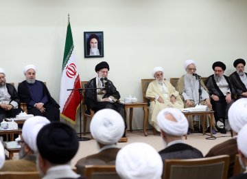 Leader of Islamic Revolution Ayatollah Seyyed Ali Khamenei addresses members of the Assembly of Experts during a meeting in Tehran on Thursday.  