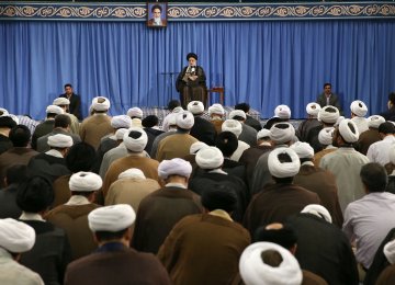 Ayatollah Seyyed Ali Khamenei addresses theological students in Tehran on Sept. 12. 