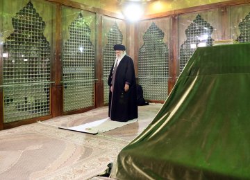 The Leader prays at the shrine of the late Imam Khomeini in southern Tehran on Feb. 1. 