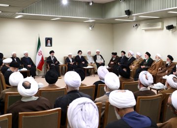 Ayatollah Seyyed Ali Khamenei addresses members of the Assembly of Experts in Tehran on March 9.