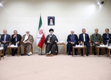 Leader of Islamic Revolution Ayatollah Seyyed Ali Khamenei meets with President Hassan Rouhani and his Cabinet in Tehran on Wednesday.  