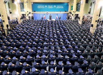 Ayatollah Seyyed Ali Khamenei receives commanders and personnel of Iran's Air Force and Air Defense Base in Tehran on Feb. 7. 