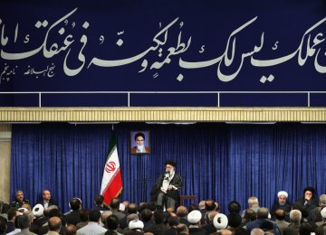 Ayatollah Seyyed Ali Khamenei addresses senior officials in Tehran on June 13.   