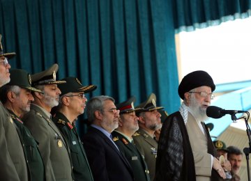Ayatollah Seyyed Ali Khamenei addresses the graduation ceremony of police cadets in Tehran on Sept. 17.  