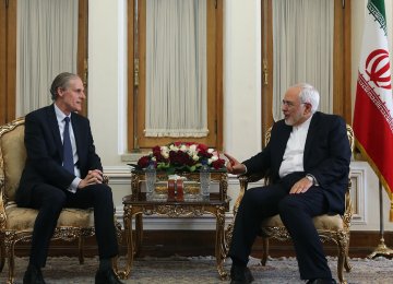 Foreign Minister Mohammad Javad Zarif (R) meets Christian Masset, a senior French Foreign Ministry official, in Tehran on June 3.