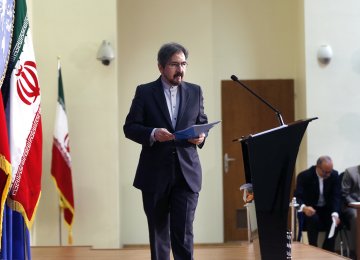 Foreign Ministry Spokesman Bahram Qasemi attends a press briefing in Tehran on Oct. 10. 
