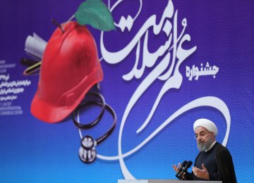 President Hassan Rouhani addresses the Festival of Health Facilities Construction in Tehran on July 11.