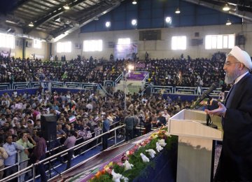 President Hassan Rouhani addresses supporters in Kerman on April 29.