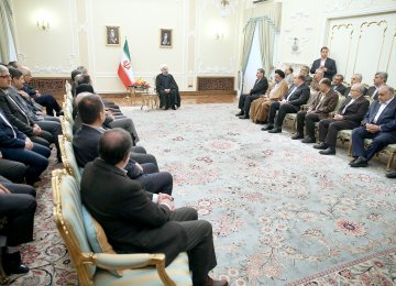 President Hassan Rouhani addresses officials and executives in a meeting to mark the onset of the new Iranian year in Tehran on April 3.