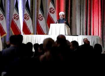 President Hassan Rouhani addresses US-based Iranian expatriates in New York on Sept. 17.