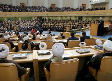 President Hassan Rouhani addresses a ceremony in Tehran on Oct. 23 to mark the martyrdom anniversary of Ayatollah Mostafa Khomeini, the son of the late founder of the Islamic Republic Imam Khomeini. 