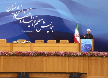 President Hassan Rouhani speaks during a conference on the knowledge-based economy in Tehran on May 7. 