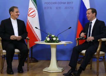 Russian Prime Minister Dmitry Medvedev (R) meets Iran’s First Vice President Es’haq Jahangiri in Sochi, Russia, on Nov. 30.