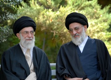 Ayatollah Seyyed Mahmoud Hashemi Shahroudi (R) is seen alongside the Leader of Islamic Revolution Ayatollah Seyyed Ali Khamenei. 