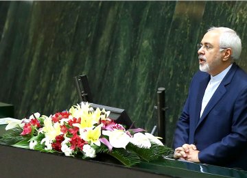 Foreign Minister Mohammad Javad Zarif addresses the parliament for a confirmation hearing on August 16.  