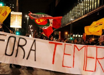 Demonstrators protest against Temer in Sao Paulo, Brazil, on May 17.