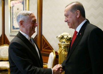 Turkish President Recep Tayyip Erdogan meets with US Defense Secretary Jim Mattis at the Presidential Palace  in Ankara on August 23.