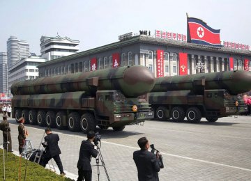 Ballistic missiles are displayed at the Kim Il-sung Square in Pyongyang, N. Korea, on April 15. (File Photo)