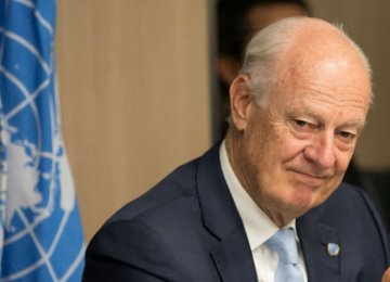 UN special envoy Staffan de Mistura attends a new round  of negotiations with a Syrian government delegation during the Intra-Syria talks