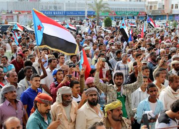 Supporters of southern Yemeni separatists take part in an anti-government protest in Aden on January 28.