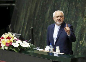 Mohammad Javad Zarif addresses a parliamentary session on Wednesday to gain the vote of confidence to serve another four years as Iran’s foreign minister.