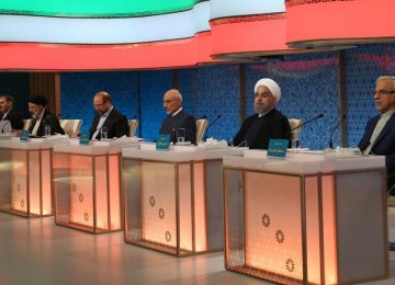 The six presidential candidates during the second debate on May 5.  