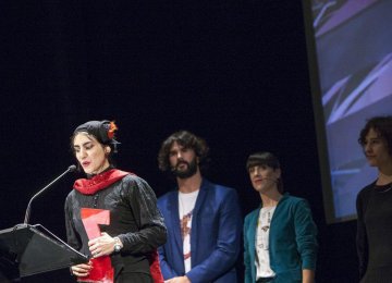 Ghasideh Golmakani speaks for the audience at the closing ceremony of the 59th Bilbao International Festival of Documentary and Short Films ‘Zinebi’ in Bilbao, Spain, November 17.