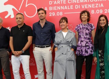 Orizzonti jury members attend the jury photocall at Sala Casino in Venice on August 29. From left: Michael Almereyda, Mohamed Hefzy, Andrea Pallaoro, Athina Tsangari, Alison Maclean and Fatemeh Motamed-Aria
