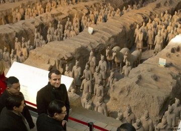 Emmanuel Macron visits the terracotta sculptures depicting 8,000-man clay army, crafted around 250 BC for the tomb of China’s first emperor  Qin Shihuang, January 8.