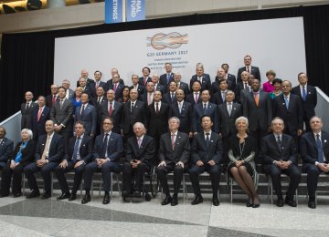 G20 Finance Ministers and Central Bank Governors pose for a family photo on the sidelines of the 2017 Spring Meetings of the World Bank  and IMF at IMF Headquarters in Washington, DC, April 21.