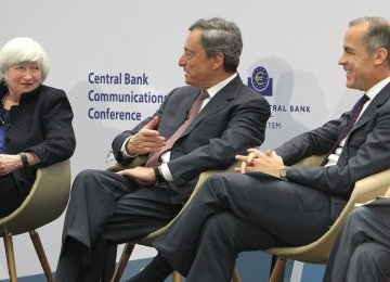 (From L) Janet Yellen, Mario Draghi and  Mark Carney at the event in Frankfurt, Nov. 14.